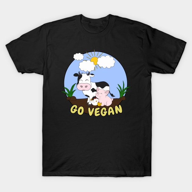 Go Vegan Cute Pig, Cow And Chicken T-Shirt by valentinahramov